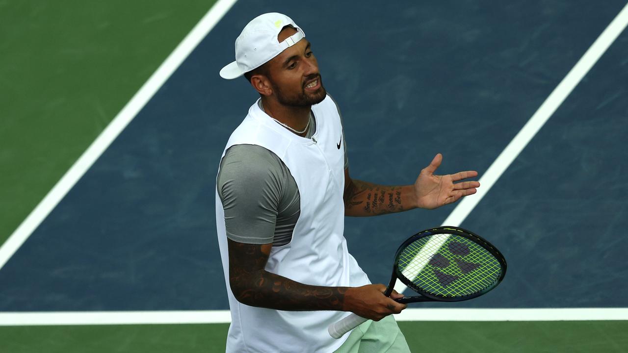 WASHINGTON, DC - AUGUST 04: Nick Kyrgios of AustraliaÂ  reacts during a match against Reilly Opelka of the United States during Day 6 of the Citi Open at Rock Creek Tennis Center on August 04, 2022 in Washington, DC. Patrick Smith/Getty Images/AFP == FOR NEWSPAPERS, INTERNET, TELCOS &amp; TELEVISION USE ONLY ==