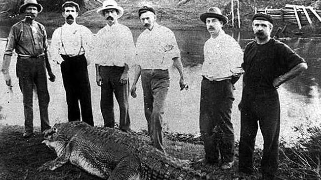  File Pic .taken June 1905..Crocodile caught in the logan river at Loagan Village ..Pictured John Storey (farmer), Jack and A...