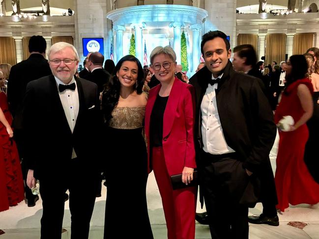 (L-R) Australia's ambassador to the US Kevin Rudd, Apoorva T Ramaswamy, Australian Foreign Minister Penny Wong and Vivek Ramaswamy in Washington D.C for the Inauguration of Donald Trump on the 21st January, 2025. Picture: DFAT