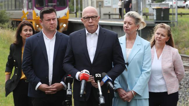 Peter Dutton, centre, with Nationals senator Bridget McKenzie, second from right, and the Liberal candidate for Dunkley, Nathan Conroy, second from left, in Frankston on Friday. Picture: David Crosling