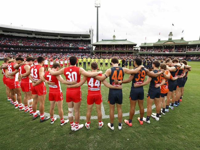 The Swans and Giants came together in solidarity for zero tolerance to violence against women before the Sydney Derby in May. Photo by Phil Hillyard