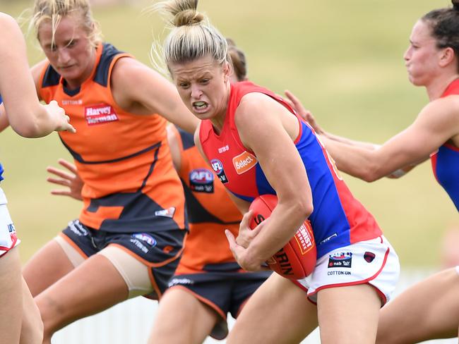 Brooke Patterson of the Demons during the Round 5 AFLW match between the GWS Giants and the Melbourne Demons at Blacktown International Sportspark in Sydney, Sunday, March 3, 2019. (AAP Image/Joel Carrett) NO ARCHIVING, EDITORIAL USE ONLY