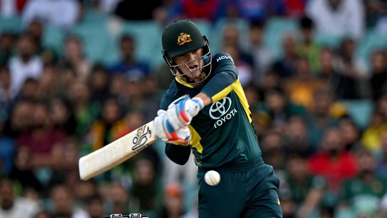 Jake Fraser-McGurk hits a boundary during the second Twenty20 international cricket match between Australia and Pakistan. Picture: Saeed Khan / AFP