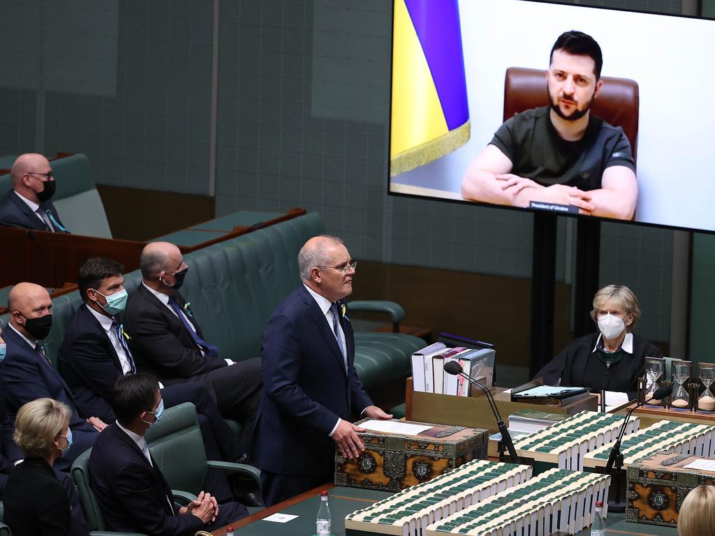 Prime Minister Scott Morrison spoke to Mr Zelensky before he addressed the Australian Parliament. Picture: NCA NewsWire / Gary Ramage