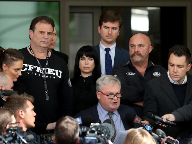 John Setka and Shaun Reardon leave court after having their charges withdrawn this week. Picture: David Geraghty, The Australian.