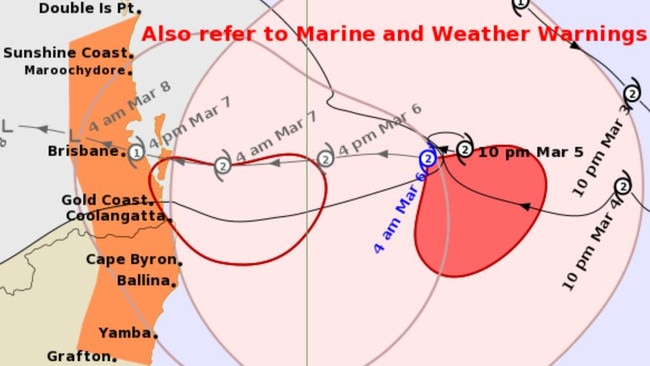 TC Alfred trackmap from Thursday morning shows it heading for Brisbane. Picture: BOM