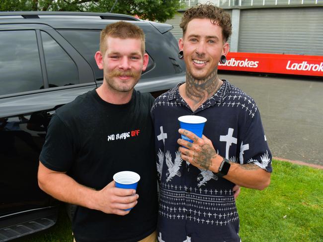 Jordan Bourne and Jake Norling enjoying all the action at the Ladbrokes Cranbourne Cup on Saturday, November 23, 2024. Picture: Jack Colantuono