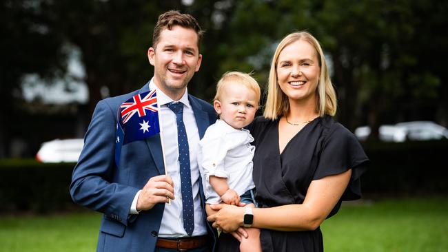 Karin and Hennie Prinsloo with their 11-month-old son Henri, originally from South Africa, celebrate becoming Australian citizens on Australia Day. Photo: Tom Parrish