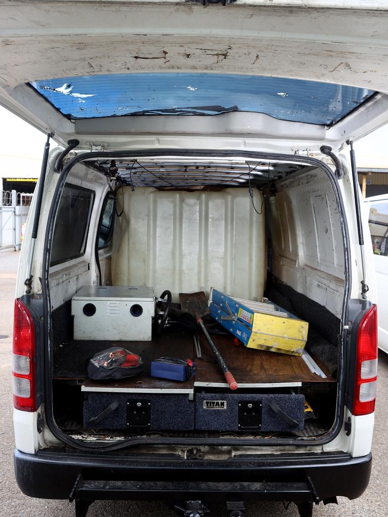 Inside the modified HiAce van used in the petrol drive-offs. Picture: Kelly Barnes