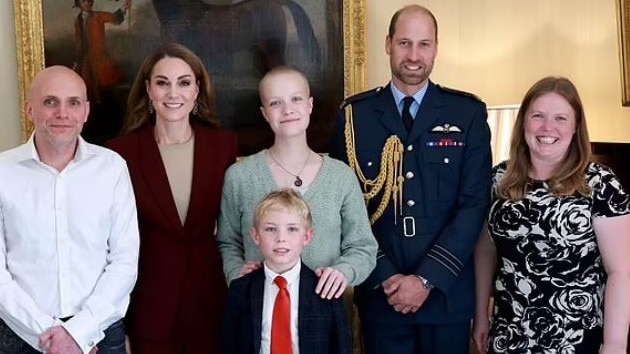 Prince William and Princess Kate with 16-year-old cancer sufferer Liz Hatton and her family. Picture: Instagram