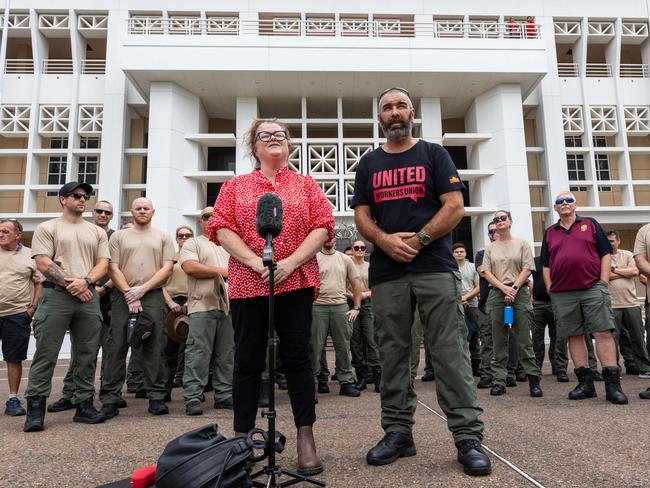 United Workers Union NT secretary Erina Early standing outside NT Parliament House with more than 40 Corrections officers on Tuesday February 11, 2025. Picture: Pema Tamang Pakhrin