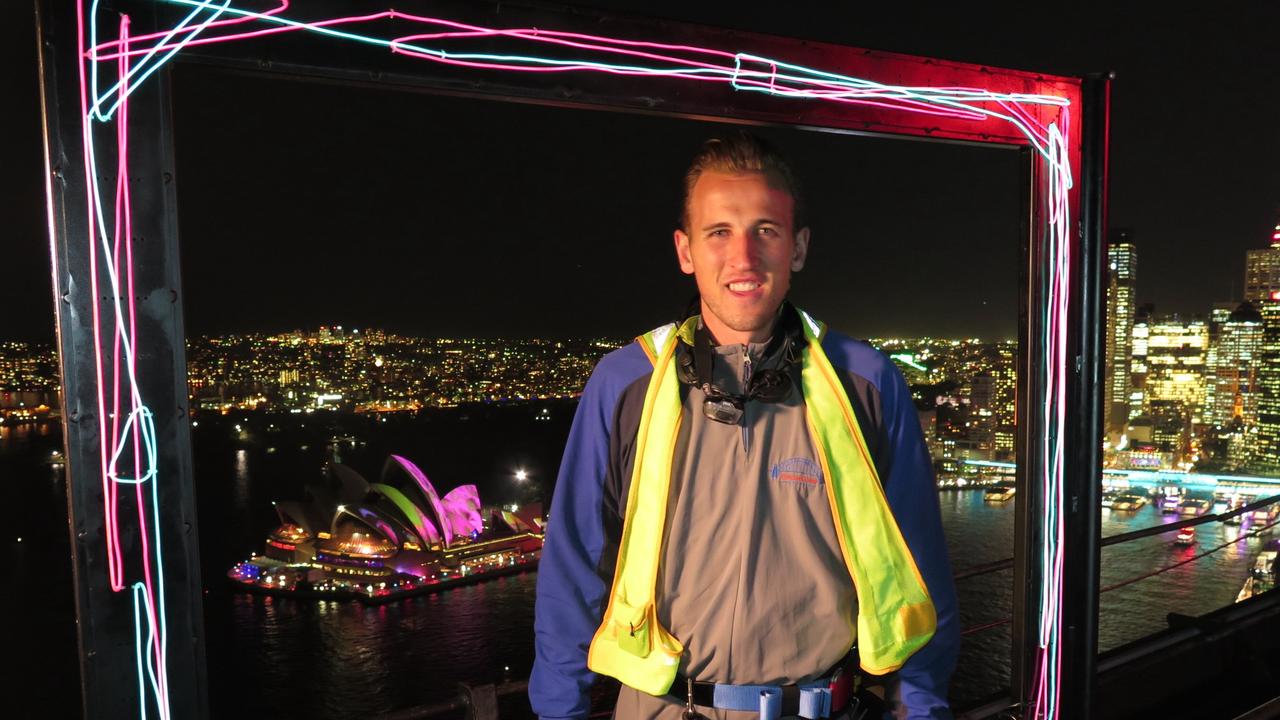 Tottenham Hot Spurs striker, Harry Kane on the top of the Harbour Bridge. Pic: BridgeClimb