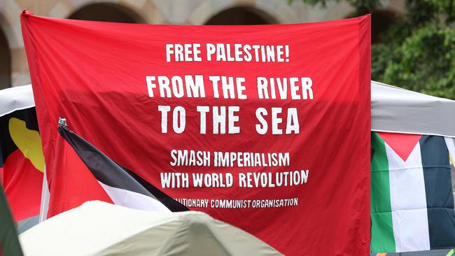 From the River to the Sea sign at Pro-Palastine camp, UQ Campus St. Lucia. Picture: Liam Kidston