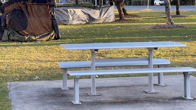 A tent city has returned to Carey Park at Southport where the homeless have again begun camping out.