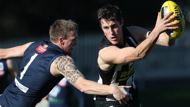 Football. Tasmanian State League. Qualifying final. Glenorchy V Launceston. Dylan Riley Launceston and Daniel Joseph Glenorchy. Picture: NIKKI DAVIS-JONES