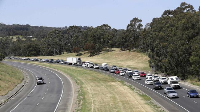 Traffic banks up at Hahndorf on the South Eastern Freeway on Thursday. Picture: Sarah Reed