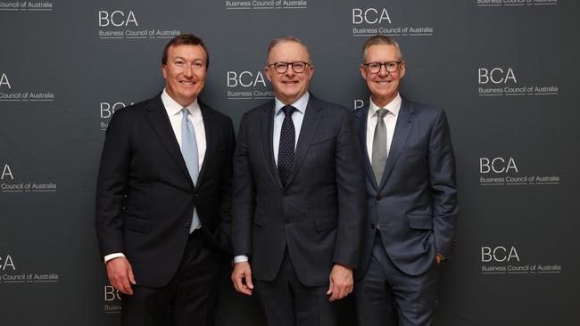 Anthony Albanese, Business Council president Geoff Culbert and BCA CEO Bran Black. Picture: Jane Dempster/The Australian