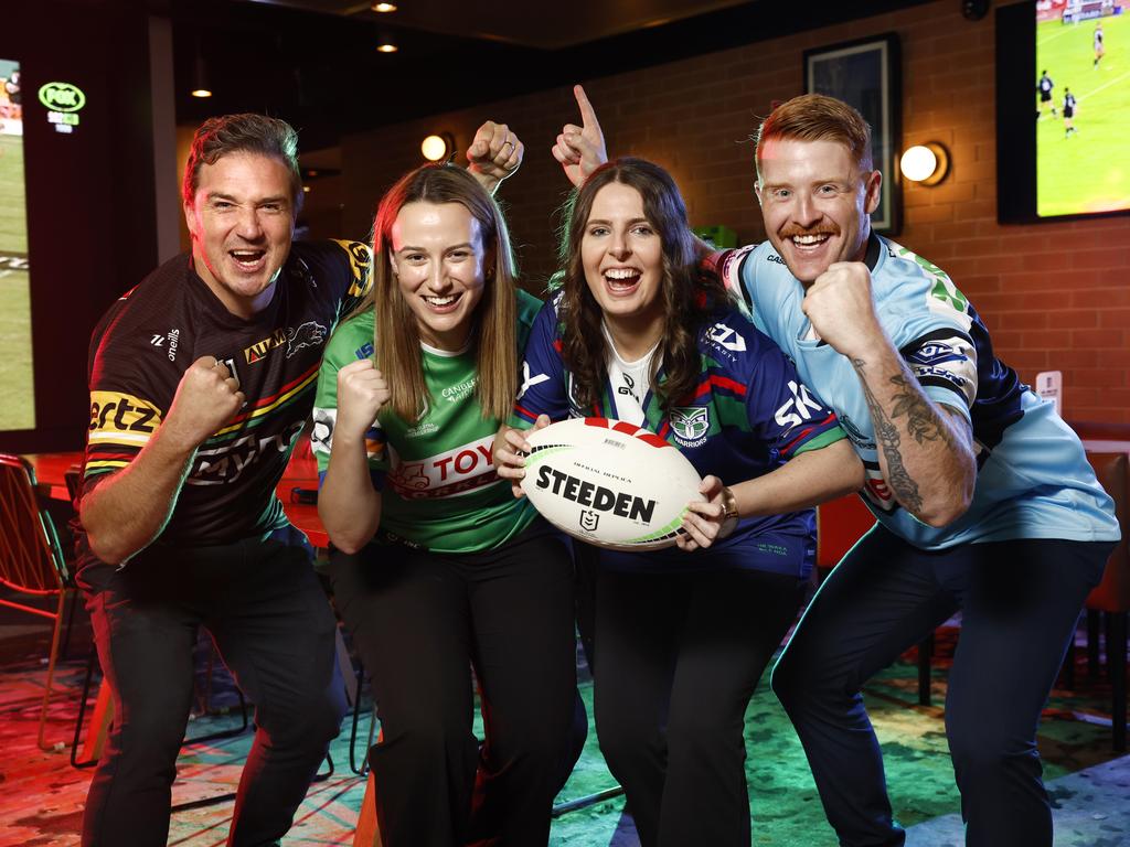 NRL fans at Bankstown Sports Club Michael Hanratty, Emily Tyler, Kimberley Foord and Chris Briody. Picture: Richard Dobson