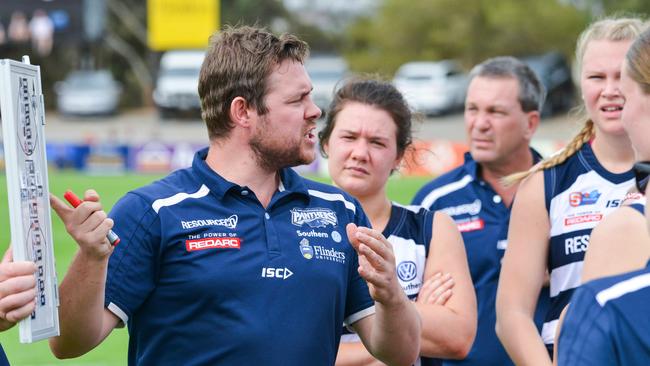  South Adelaide coach Rick Watts addressing his players. Picture: AAP /Brenton Edwards