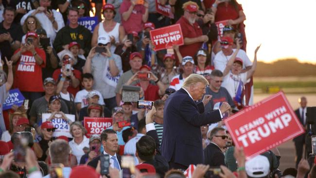 Donald Trump dances off the stage at the end of a rally in Texas in March. Picture: AFP