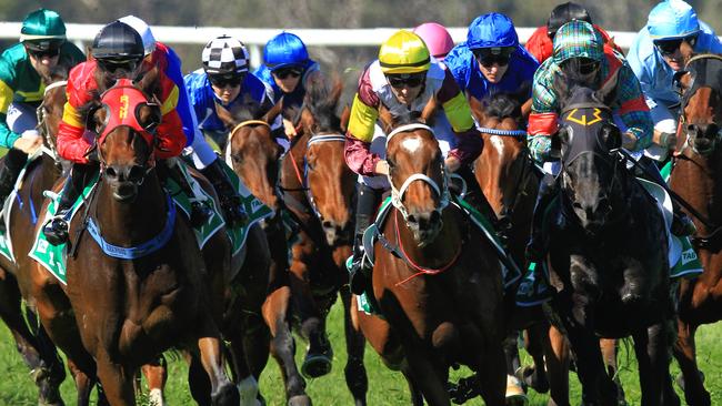 Loving home ridden by Tye Angland  (yellow cap, maroon with yellow armbands) wins race 1 during Scone  Races located in the Upper Hunter Region of NSW. The Bend . Pic Jenny Evans