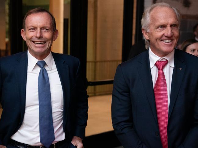 Former prime minister Tony Abbott and golfer Greg Norman spoke at the event. Picture: Nick Klein