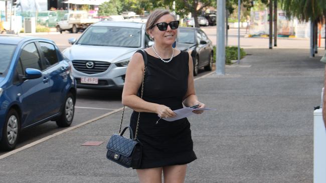 Former real estate agent Suzi Milgate outside the Darwin Local Court on Monday where she stands charged with assaulting former Chief Minister Natasha Fyles with a cream crepe. Picture: Jason Walls