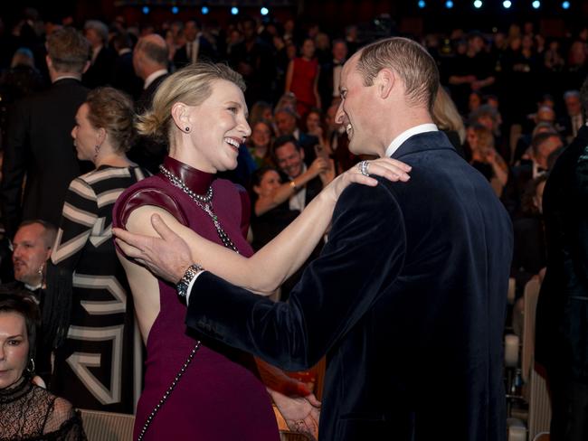 LONDON, ENGLAND - FEBRUARY 18: Prince William, Prince of Wales, president of Bafta speaks with Cate Blanchett at the Bafta Film Awards 2024 at the Royal Festival Hall, Southbank Centre on February 18, 2024 in London, England. (Photo by Jordan Pettitt - WPA Pool/Getty Images)