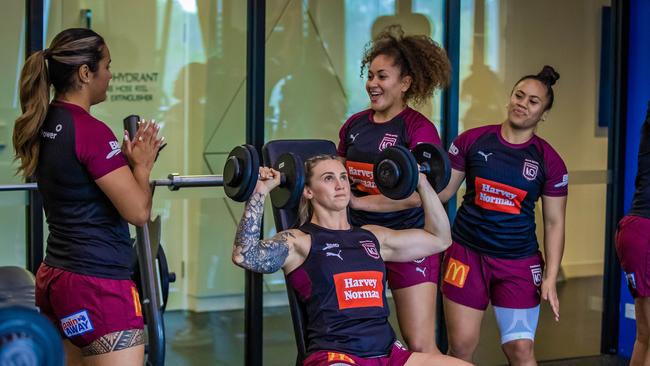 Women’s State of Origin players in the gym. Picture: Nigel Hallett