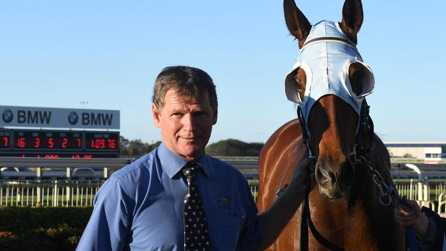 Trainer Les Ross with River Racer after beating the older horses at Doomben on Saturday. Picture: Natasha Wood, Trackside Photography