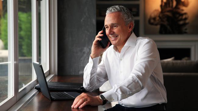 Telstra CEO Andy Penn working from home. Picture: Aaron Francis