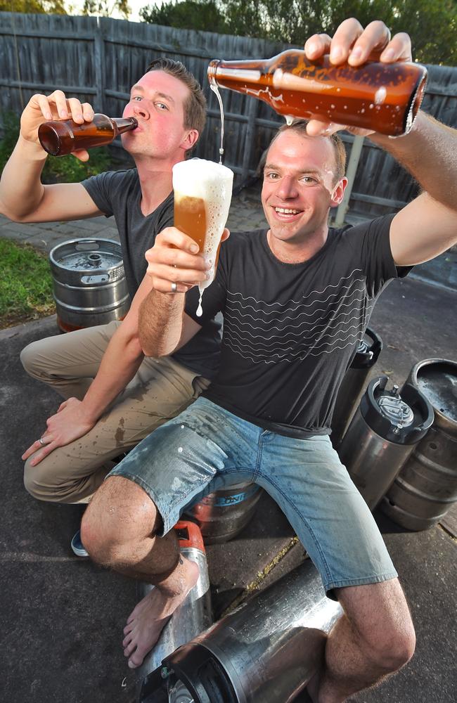 Ryan Molesworth (right) began brewing beer at home during his university days to save money, but now he and his friend David Fisher will have their very own creation delivered to homes around Melbourne. Picture: Tony Gough