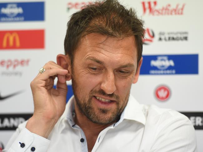 Western Sydney Wanderers coach Tony Popovic addresses the media during a press conference in Sydney, Sunday, October 1, 2017. Popovic announced his resignation from the A-League club just a week out from the start of the new season. (AAP Image/Sam Mooy) NO ARCHIVING