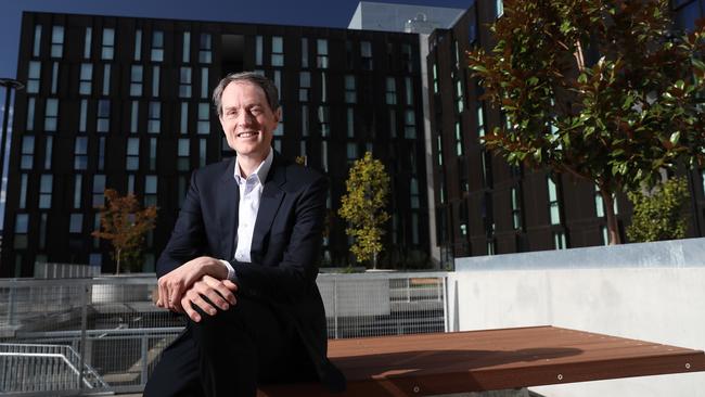 UTAS Vice-Chancellor Rufus Black speaking to reporters about the student housing boost in Hobart’s CBD. Picture: LUKE BOWDEN