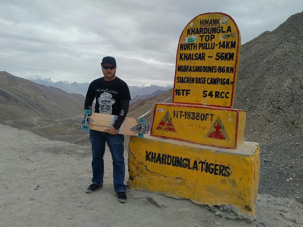 Aleks Stocki -The highest altitude skateboarding, 5,355 m (17,569 ft) in Leh, Jammu and Kashmir, India. Picture: Supplied