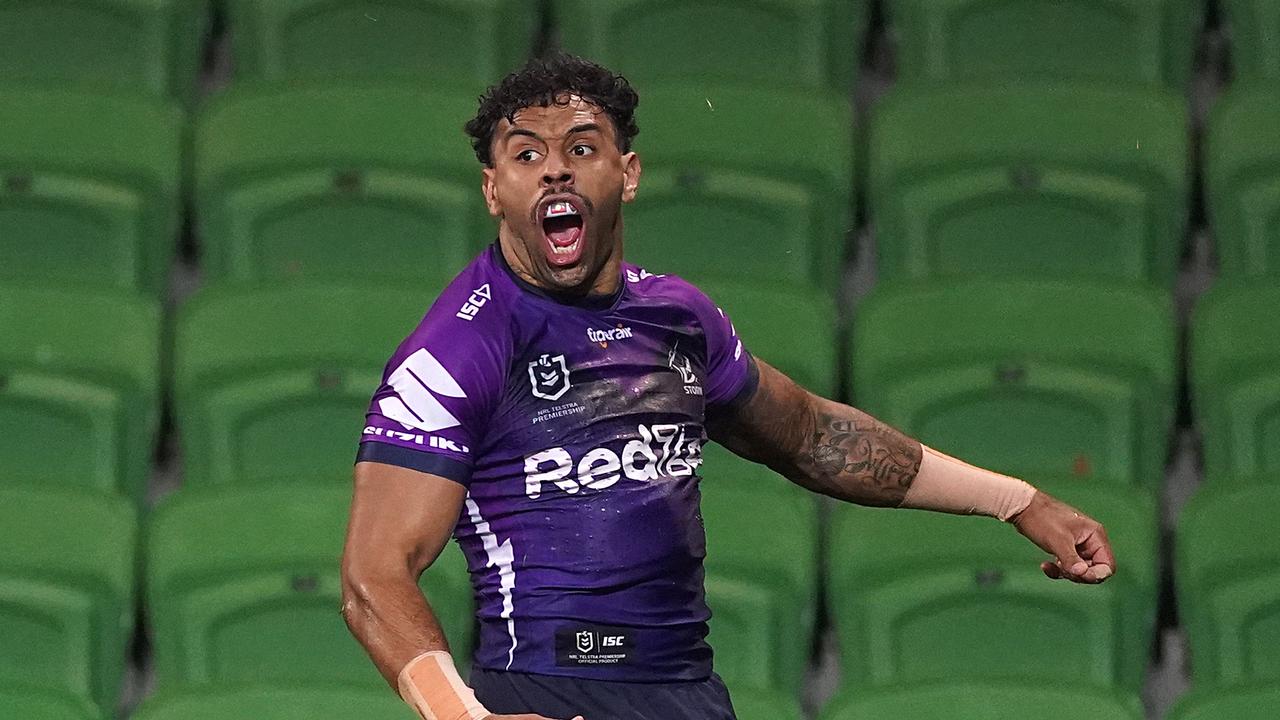 Josh Addo-Carr reacts after scoring a try