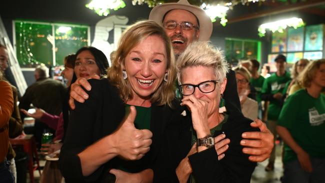 Queensland Greens Senator Larissa Waters and Senate candidate Penny Allman-Payne celebrate on election night. Picture: Dan Peled/Getty Images