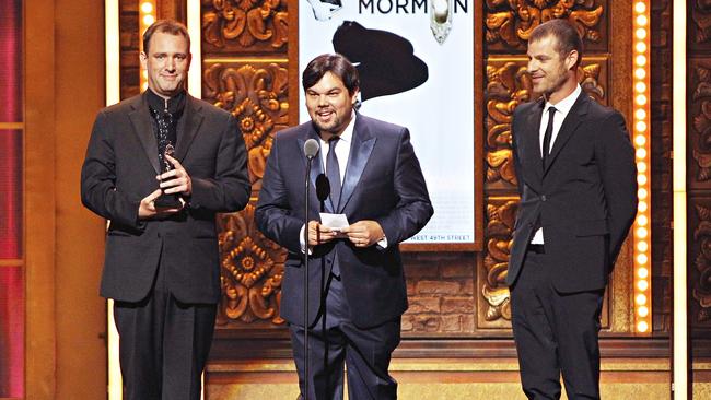 Robert Lopez (centre) is delighted his Book of Mormon musical has broken many records and won an abundance of awards. (Pic: Supplied)