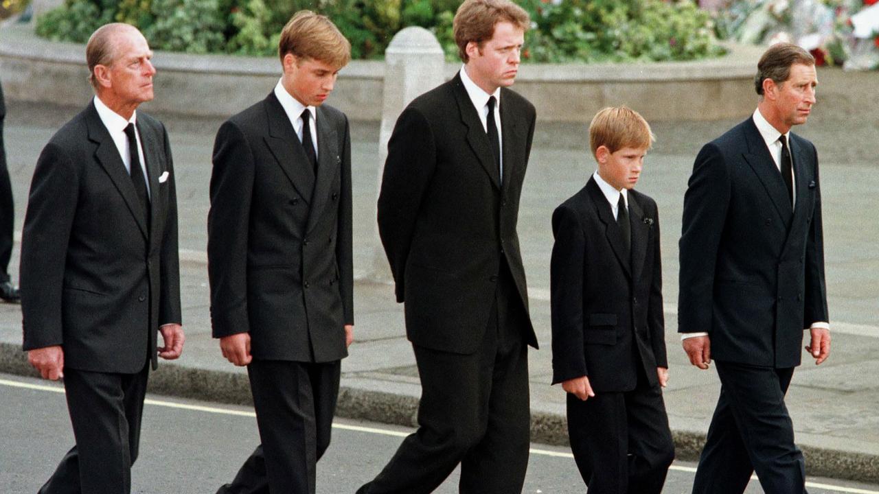 Prince Philip, Prince William, Earl Spencer, Prince Harry and Prince Charles walk behind the coffin during Princess Diana’s funeral. Picture: AFP