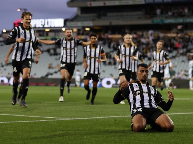 Macarthur FC’s Ali Auglah celebrates after scoring a goal. Picture” Mark Metcalfe/Getty Images