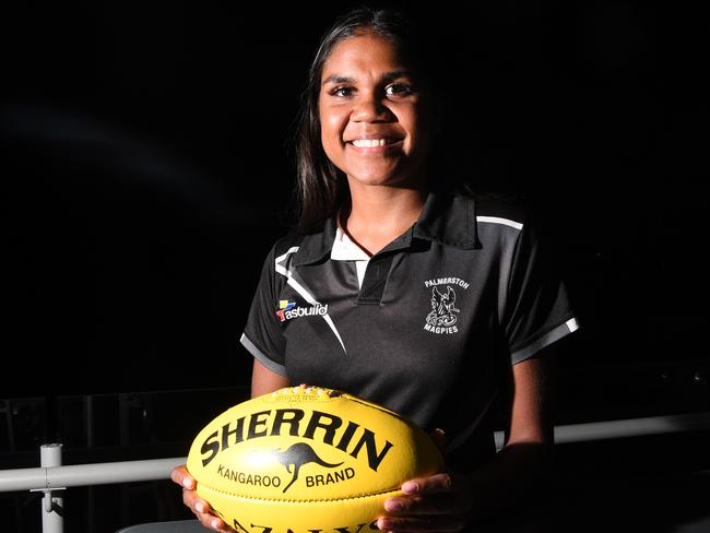 A delighted Palmerston star Janet Baird pictured after she was picked up by Gold Coast Suns in the 2020 AFLW Draft. Picture: Katrina Bridgeford