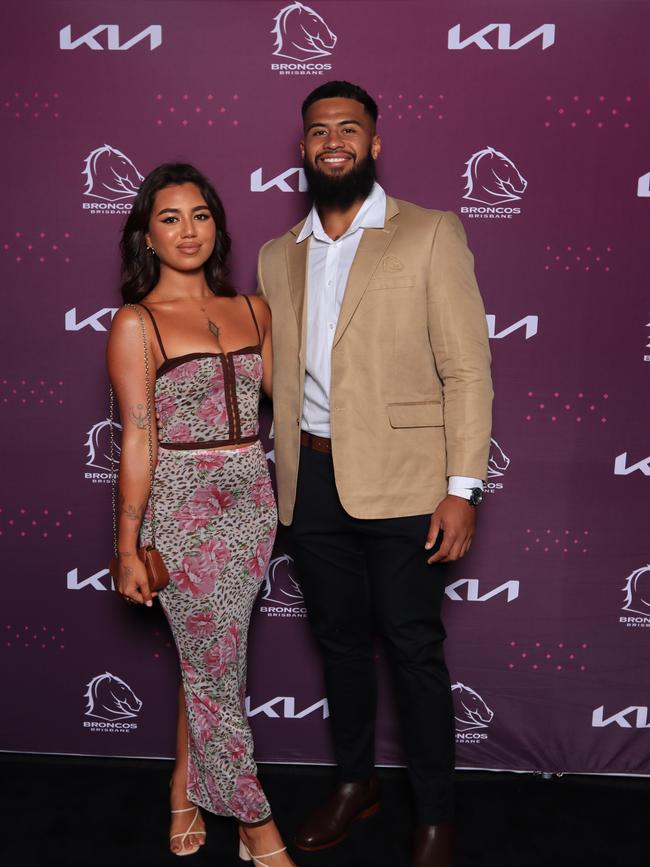 Payne Haas and Leilani Mohenoa at the Brisbane Broncos’ season launch at Water’s Edge, Hamilton. Picture: David Clark