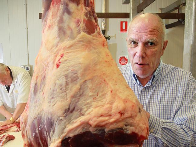 David Byard, (right) of the Australian Beef Association is cutting up a beast with the University of Tasmania. To illustrate story on beef labelling picture of David with some of the cuts butcher is Phil Robinson CEO of Robinsons meat in Glenorchy