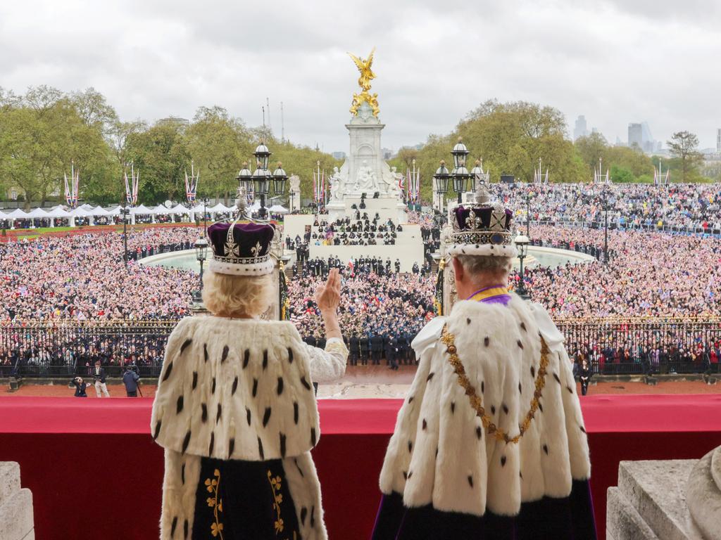 King Charles III and Queen Camilla wave from the balcony of Buckingham Palace after their Coronation. Picture: Chris Jackson/Getty Images for Buckingham PalacePalace)