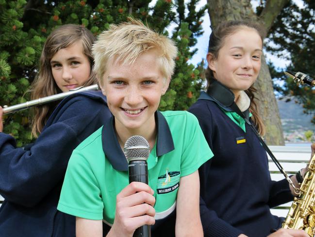 Grade 6 Musicans Zoe Gangell, Cambridge Primary School, Kelby Miley, (who will be MCing as well as playing trumpet) and Mei Booker from Bellerive Primary School. Annual combine primary schools band and choir concert. Picture: RICHARD JUPE