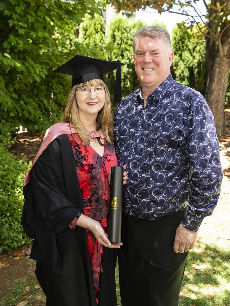 Master of Education (Career Development) graduate Susan Hervey with David Hervey at the UniSQ graduation ceremony at Empire Theatres, Wednesday, December 14, 2022.