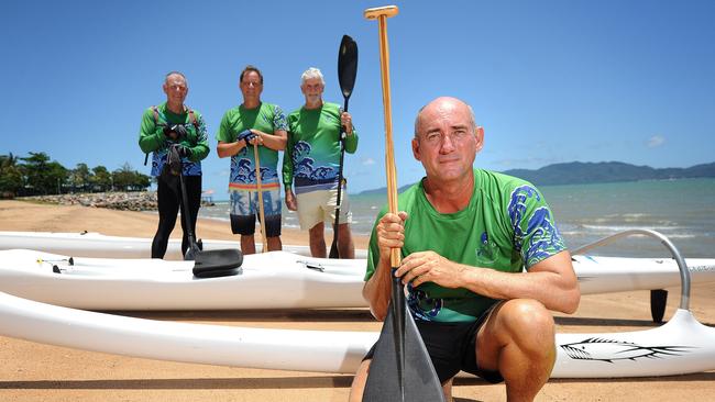 Townsville has previously held the Australian Outrigger Championships on the Strand. (Front) President of the Townsville Outriggers Canoe Club Derek Cole. (Back LtoR) Ray Pomfrett, Colin Iversen and Ron Twomey.