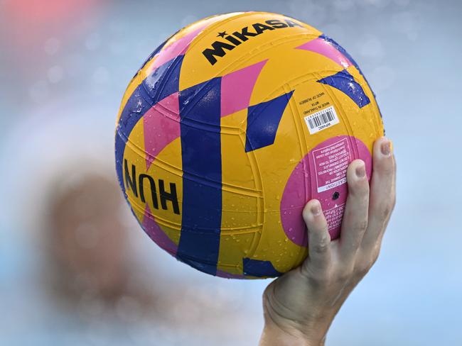 PALO ALTO, CALIFORNIA - JULY 05: A Mikasa Water Polo Ball is seen in the pool is held by DÃ³ra Leimeter #9 of Hungary against the USA in the fourth quarter at Stanford Universityâs Avery Aquatic Center on July 05, 2024 in Palo Alto, California. (Photo by Eakin Howard/Getty Images)