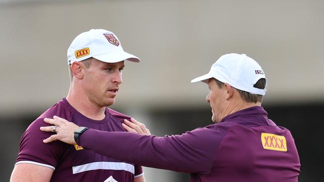 Michael Morgan (L) speaks with Queensland coach Kevin Walters. Picture: AAP