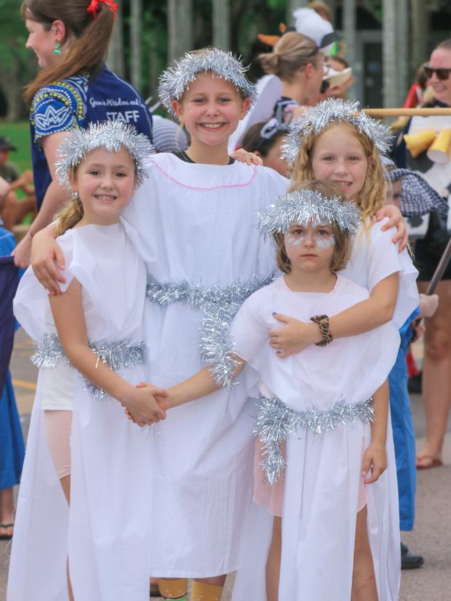 Ivy Smith, Poppy Hennessy, Lily Goldstraw and Katie Jacobi in the annual Christmas Pageant and Parade down the Esplanade and Knuckey Streets. Picture: Glenn Campbell